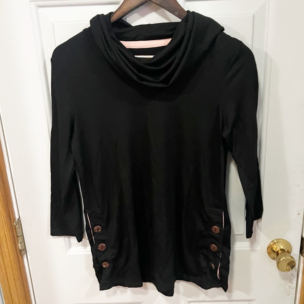 Cupio Cowl Neck‎ Top with Button Accents Womens Sz Small Black Casual Chic Comfy